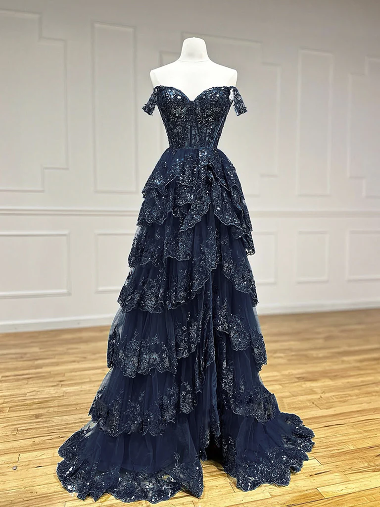 A-Line Tulle Sequin Dark Blue Long Prom Dress, Dark Blue Sequin Long Formal Dress - Deanwangkt