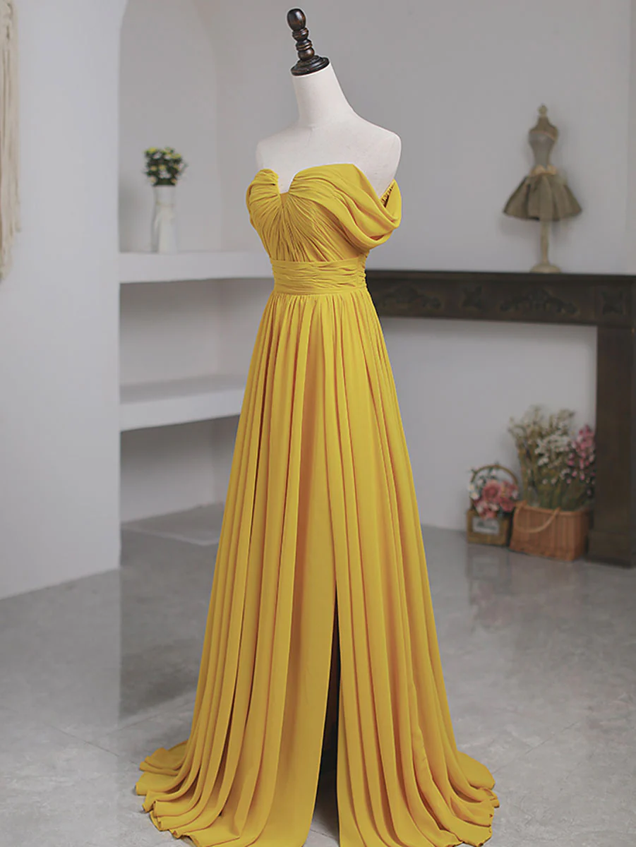 Simple Yellow Off Shoulder Long Prom Dress, Yellow Chiffon Graduation Dresses - Deanwangkt