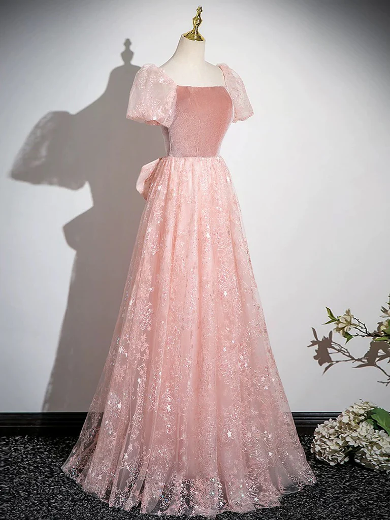 A-Line Tulle Lace Velvet Pink Long Prom Dress, Pink Long Formal Dress - Deanwangkt