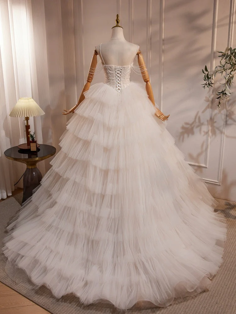 A-Line Sweetheart Neck Tulle Lace Light Champagne Long Wedding Dress with Beads - Deanwangkt