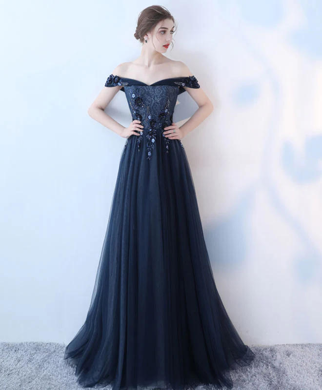 Blue Lace Tulle Long Prom Dress, Lace Evening Dress - Deanwangkt
