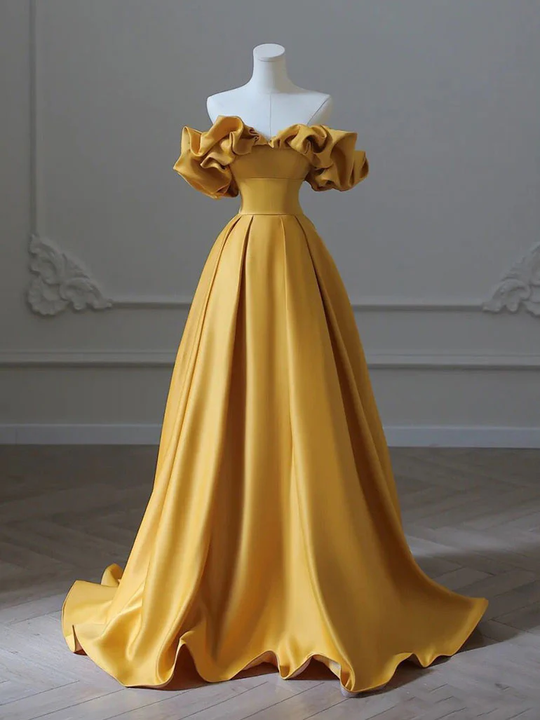 Satin Yellow Long Prom Dress, Aline Formal Yellow Graduation Party Dress - Deanwangkt