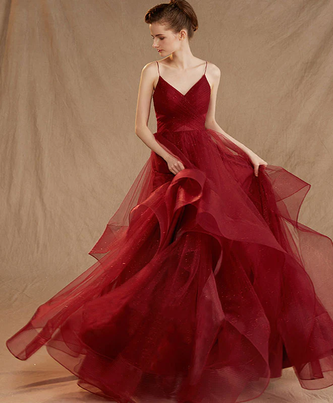 Burgundy Tulle Long Prom Dress, Burgundy Tulle Evening Dress - Deanwangkt