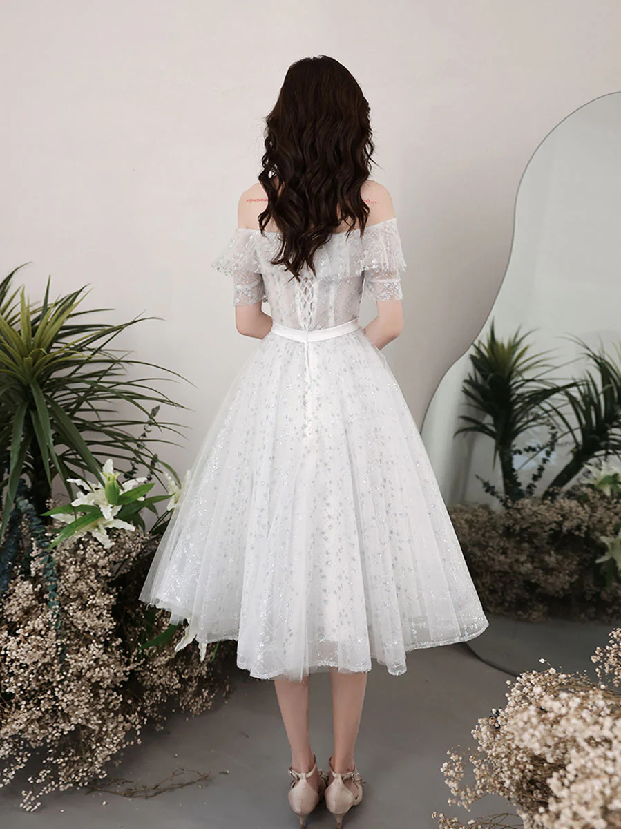 Cute A line Sequin Short Prom Dress, White Short Puffy Homecoming Dress - Deanwangkt