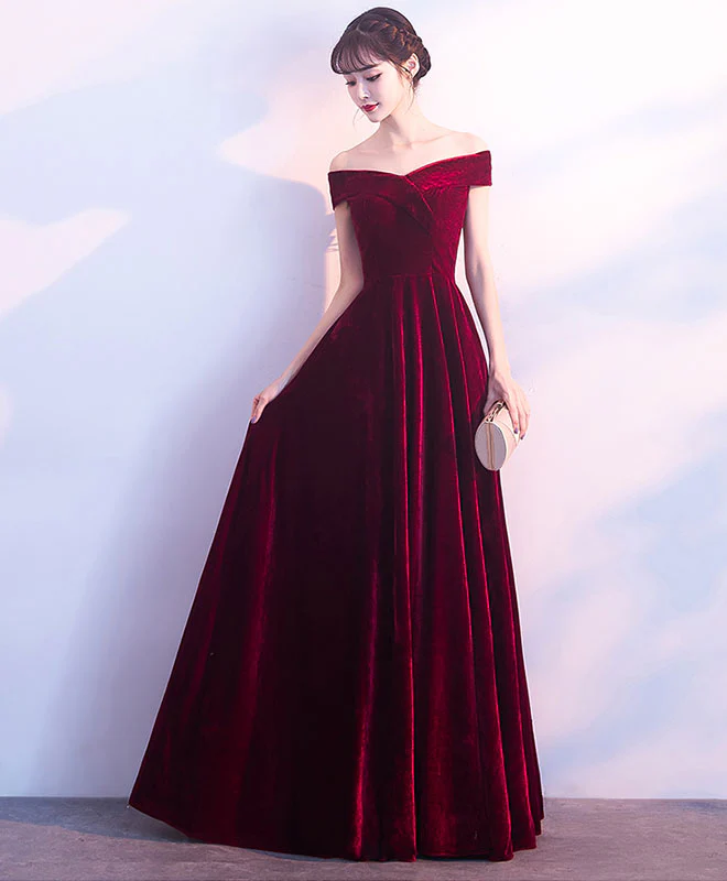 Burgundy V Neck Velvet Long Prom Dress, Evening Dress - Deanwangkt