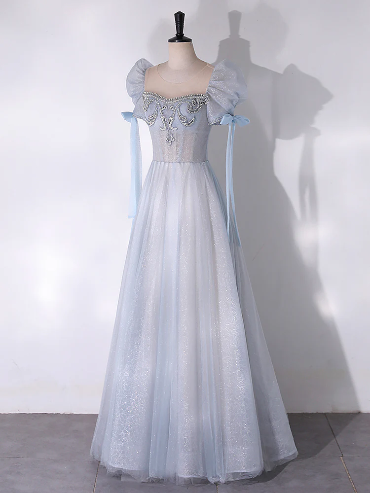 A-Line Scoop Neckline Tulle Light Blue Long Prom Dress with Beads - Deanwangkt