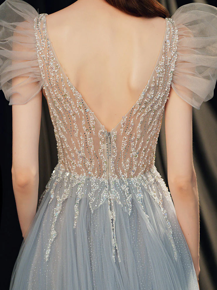 Gray Blue V Neck Tulle Sequin Long Prom Dress, Gray Blue Evening Dress - Deanwangkt