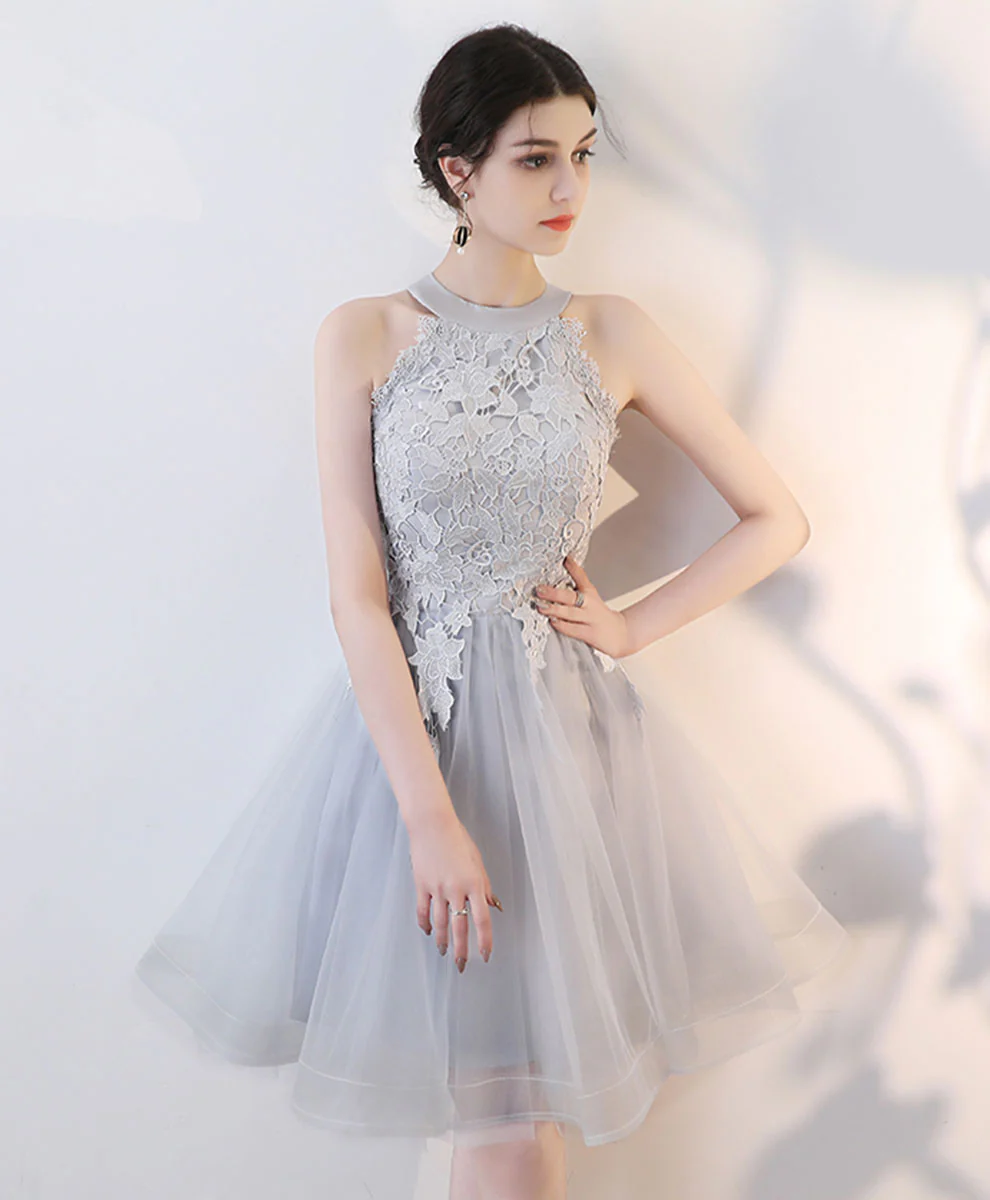 Gray Lace Tulle Short Prom Dress Gray Tulle Lace Homecoming Dress - Deanwangkt