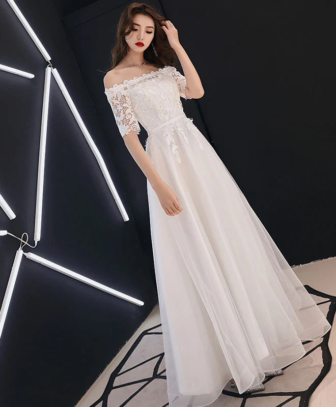 White Lace Tulle Long Prom Dress, White Tulle Lace Bridesmaid Dress - Deanwangkt