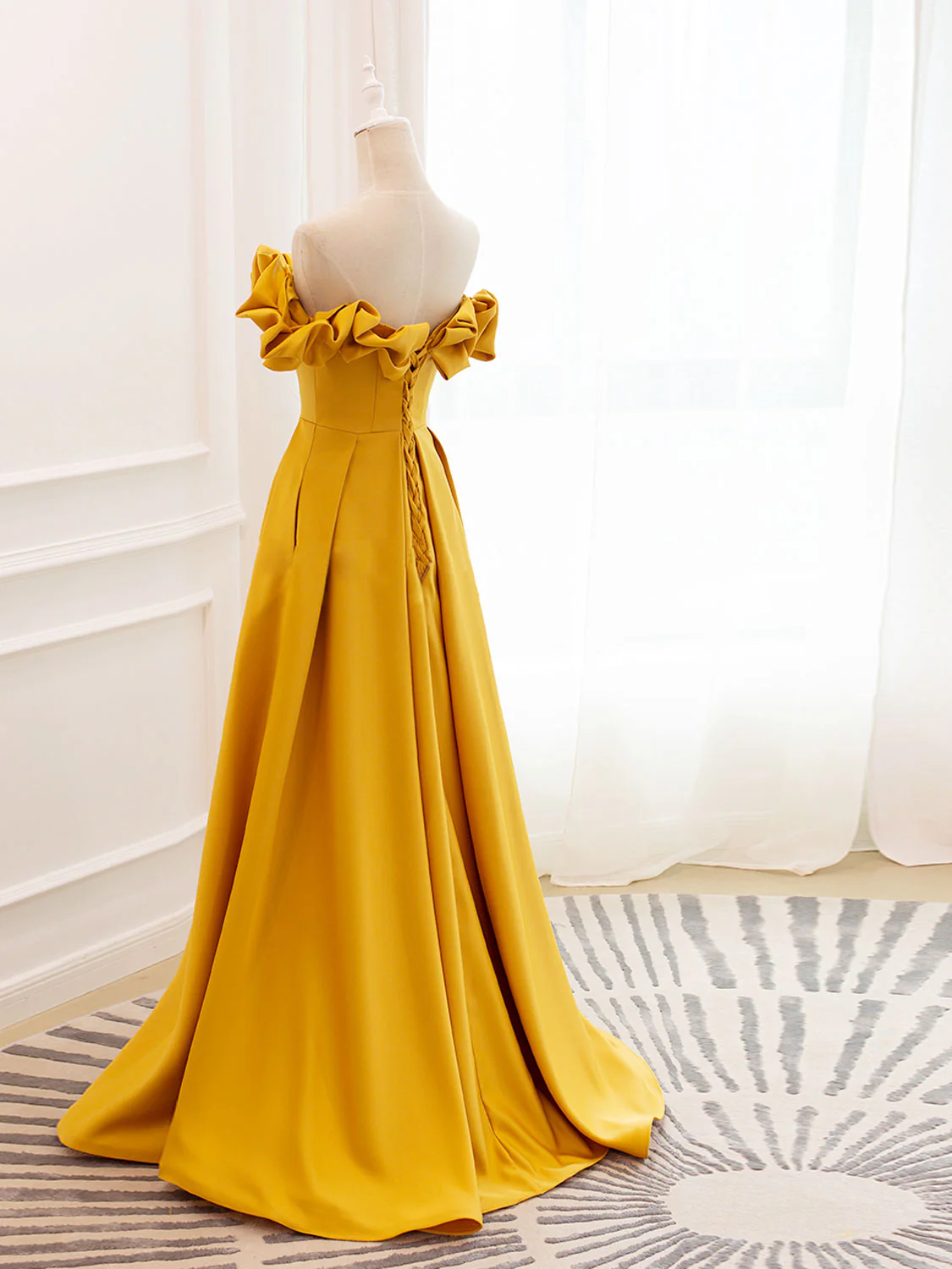 A-Line Off Shoulder Satin Yellow Long Prom Dress, Yellow Formal Evening Dress - Deanwangkt