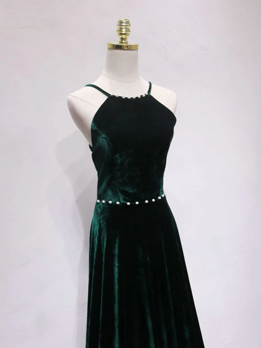 A-Line Backless Green Velvet Long Prom Dresses, Green Formal Evening Dresses - Deanwangkt