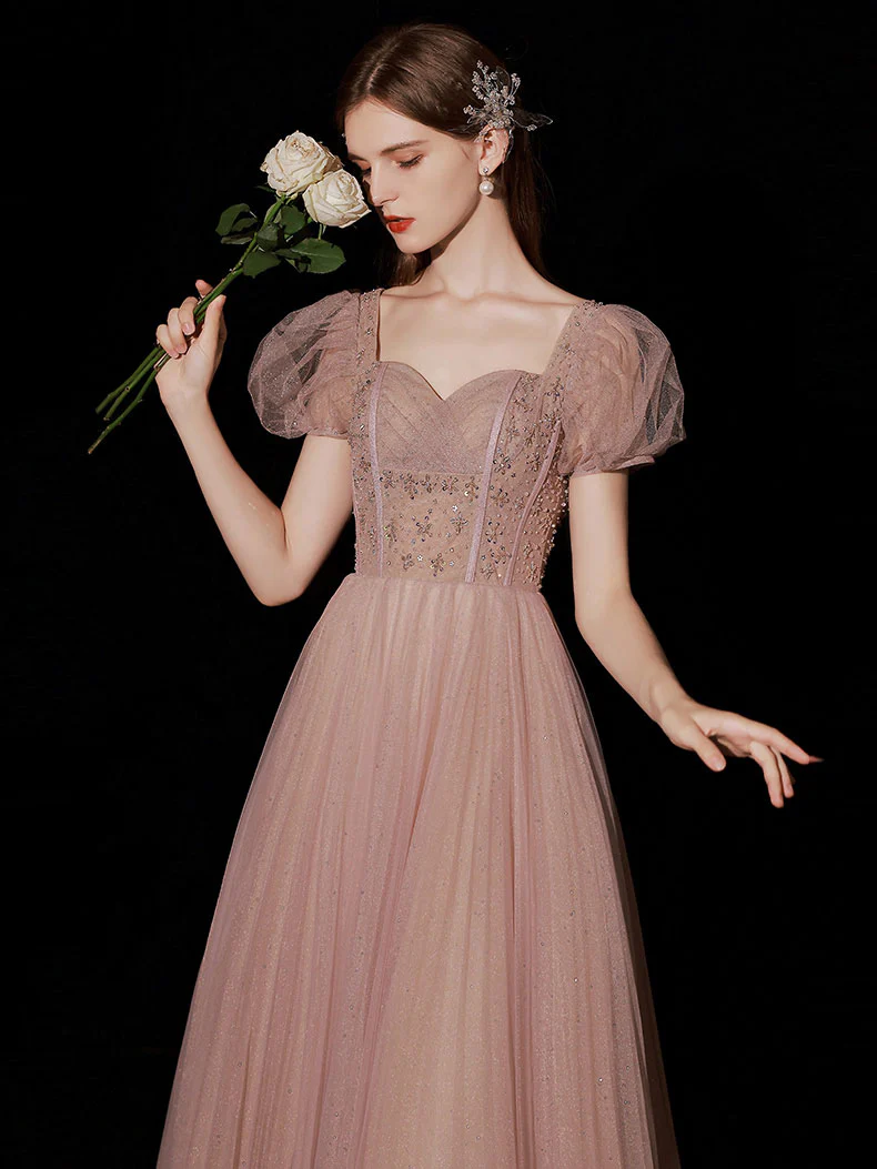 Pink A line Tulle Lace Long Prom Dress, Pink Tulle Formal Dresses - Deanwangkt