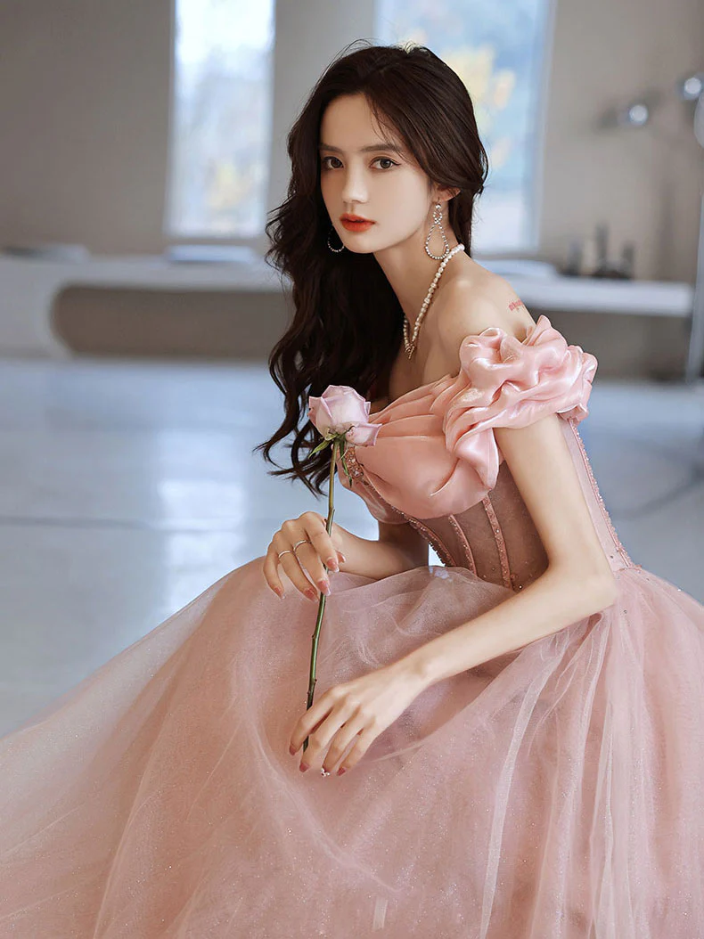 Pink Sweetheart Neck Tulle Beads Long Prom Dress, Pink Evening Dress - Deanwangkt
