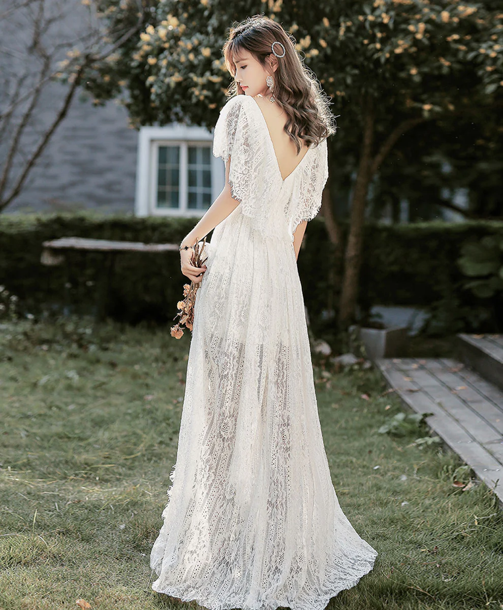 White V Neck Lace High Low Prom Dress White Lace Formal Dress - Deanwangkt