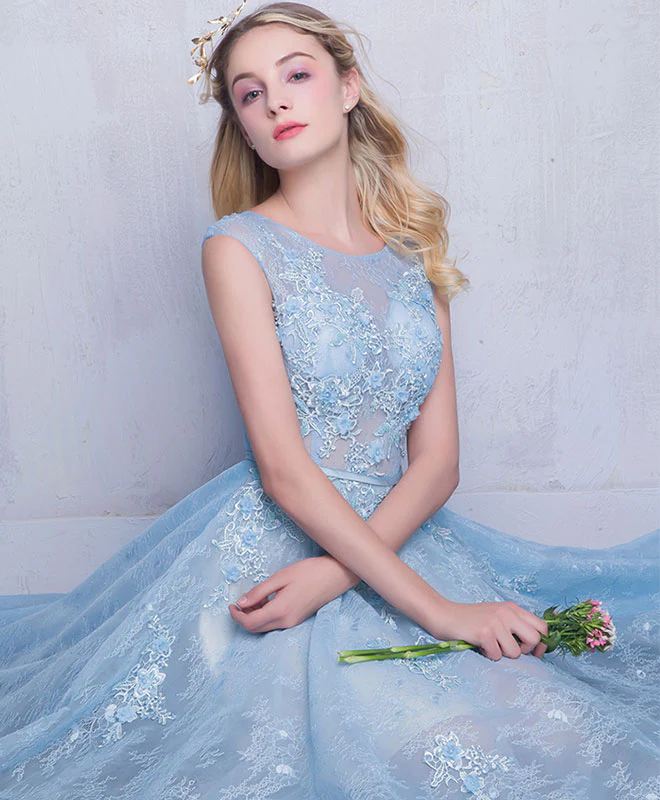 Blue Round Neck Lace Long Prom Dress, Blue Sweet 16 Dress - Deanwangkt