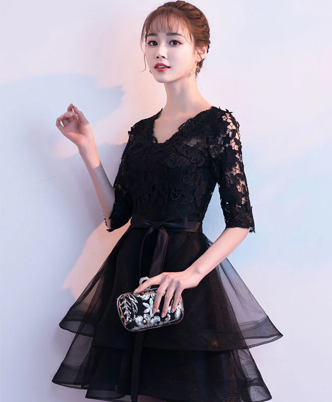 Black V Neck Lace Tulle Short Prom Dress, Black Homecoming Dress - Deanwangkt