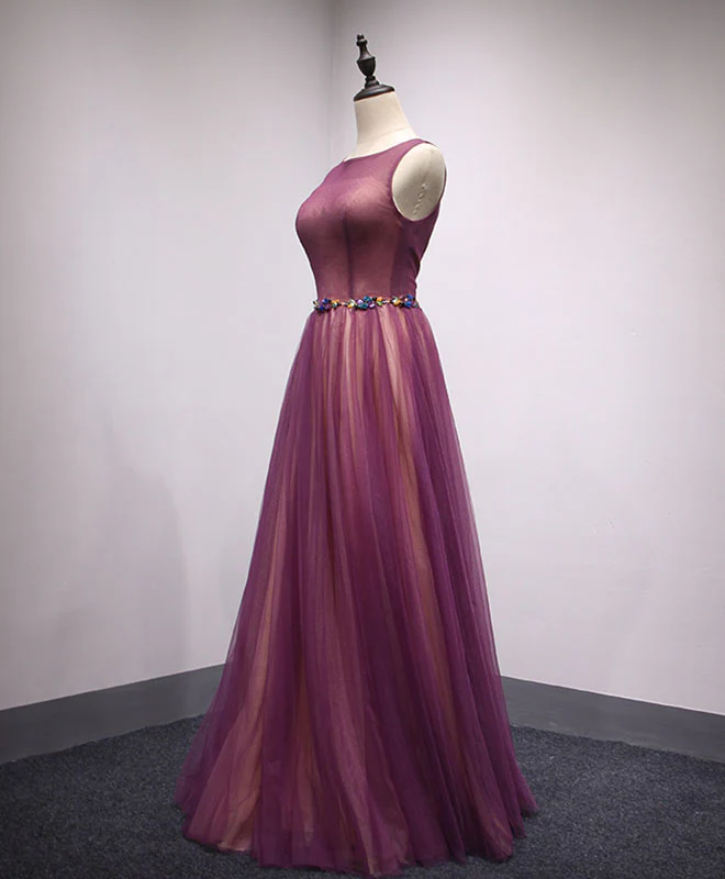 Simple Round Neck Tulle Long Prom Dress, Formal Dress - Deanwangkt