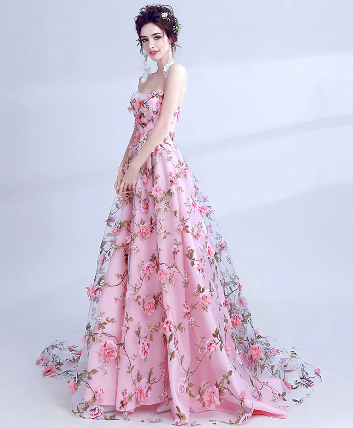 Pink Tulle 3D Flowers Long Prom Dress, Pink Long Graduation Dresses - Deanwangkt