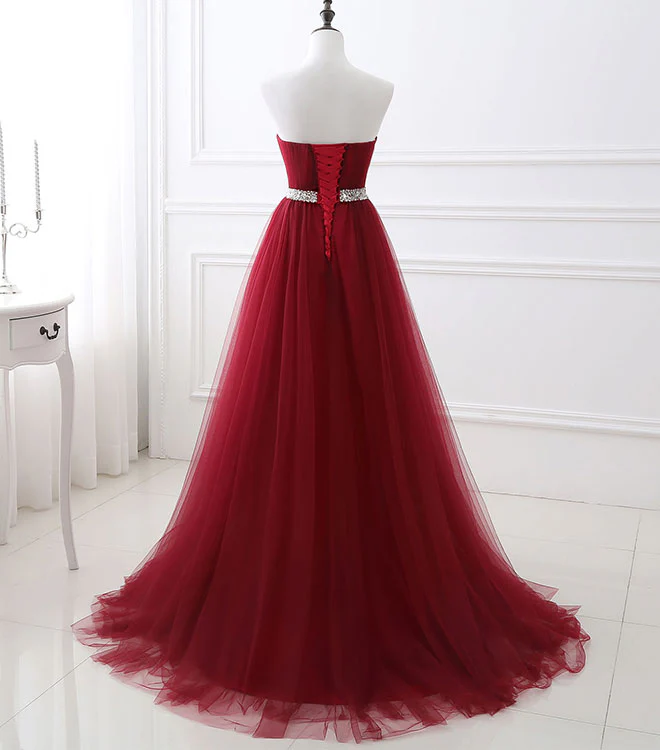 Burgundy Sweet Neck Tulle Long Prom Gown, Burgundy Evening Dress - Deanwangkt