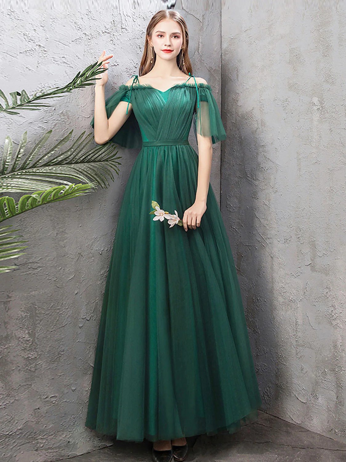 A-Line Off Shoulder Green Tulle Long Prom Dress, Green Formal Dresses - Deanwangkt