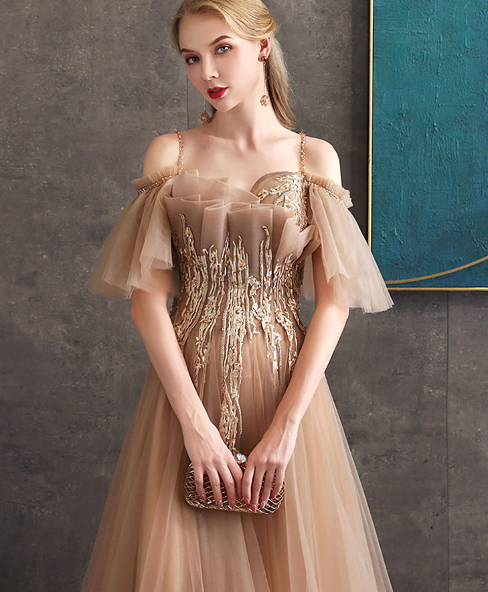 Champagne Tulle Lace Long Prom Dress Tulle Formal Dress - Deanwangkt