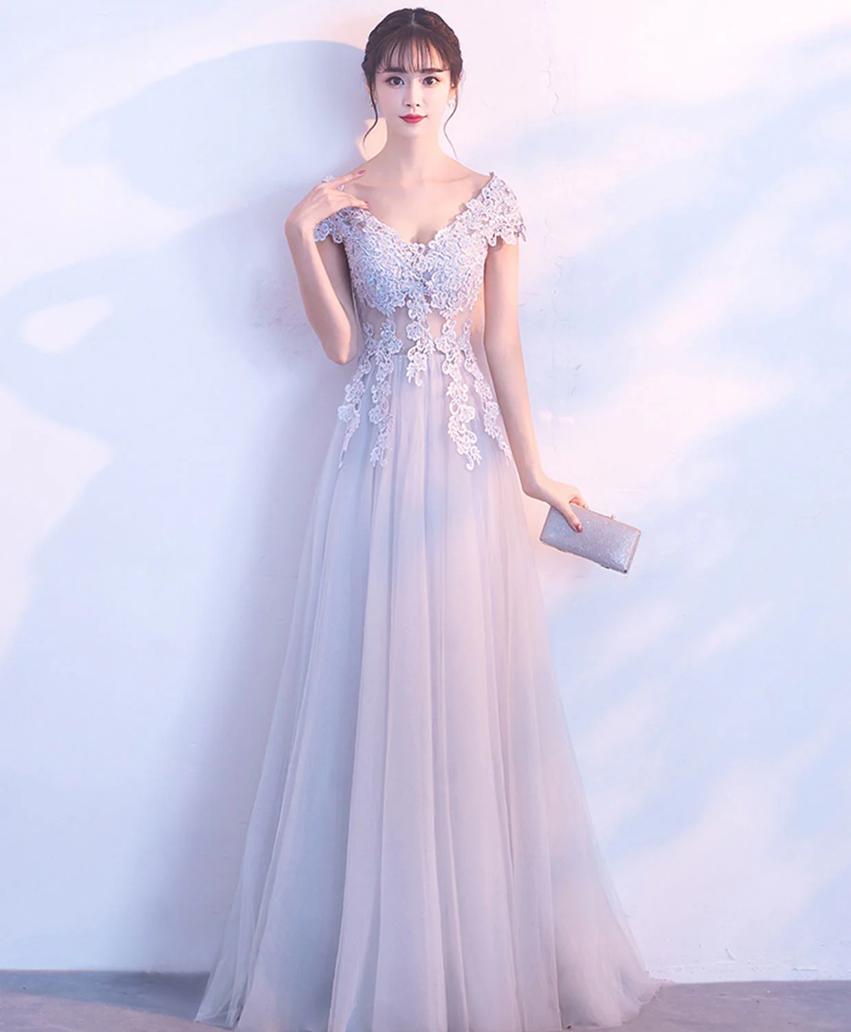 Gray V Neck Tulle Lace Long Prom Dress, Gray Evening Dress - Deanwangkt