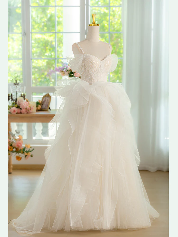 Sweetheart Neck Tulle Beads Light Champagne Long Prom Dress, Light Champagne Formal Dress - Deanwangkt