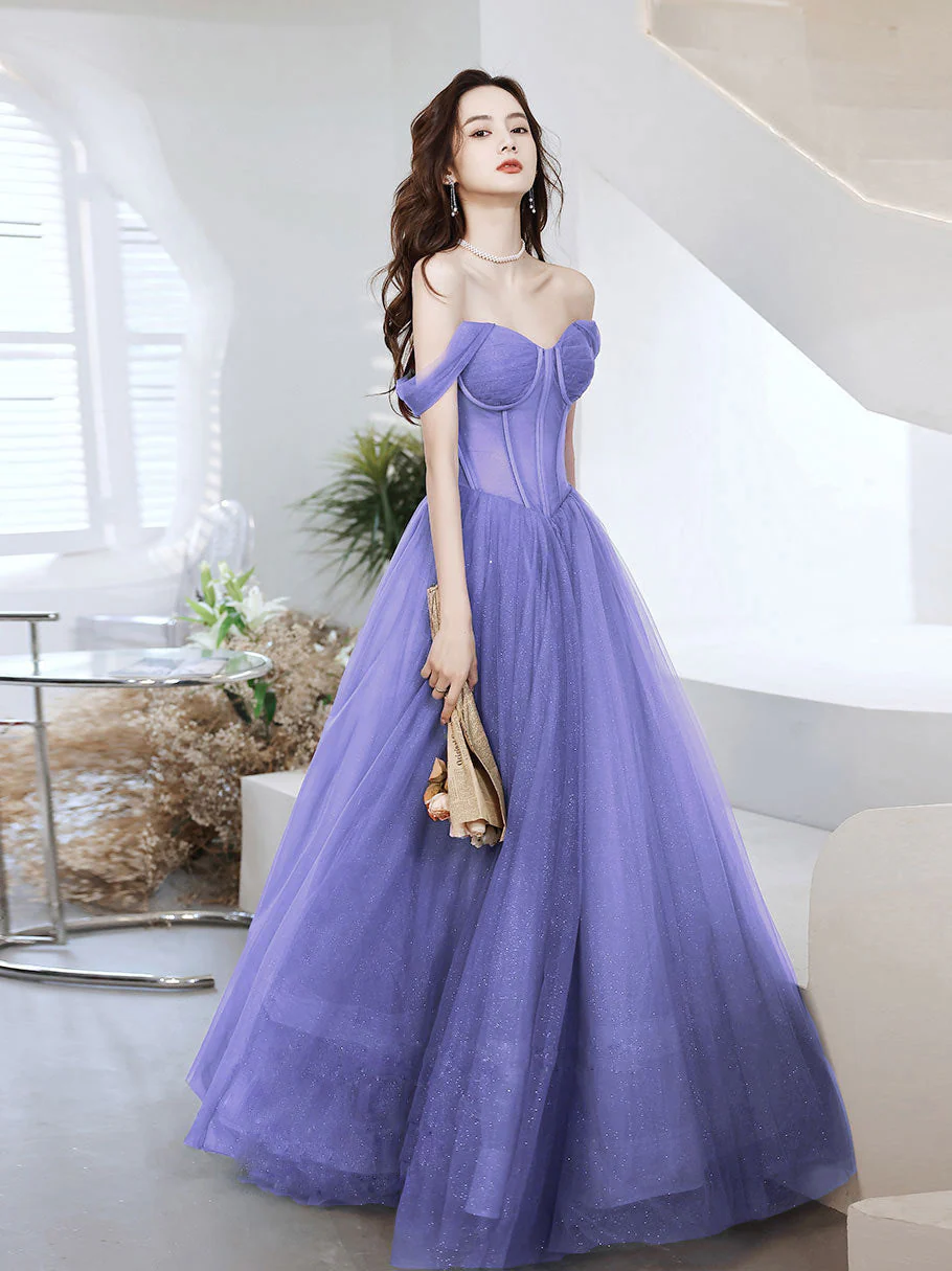 Purple Sweetheart Neck Tulle Long Prom Dress, Purple Formal Evening Graduation Dress - Deanwangkt