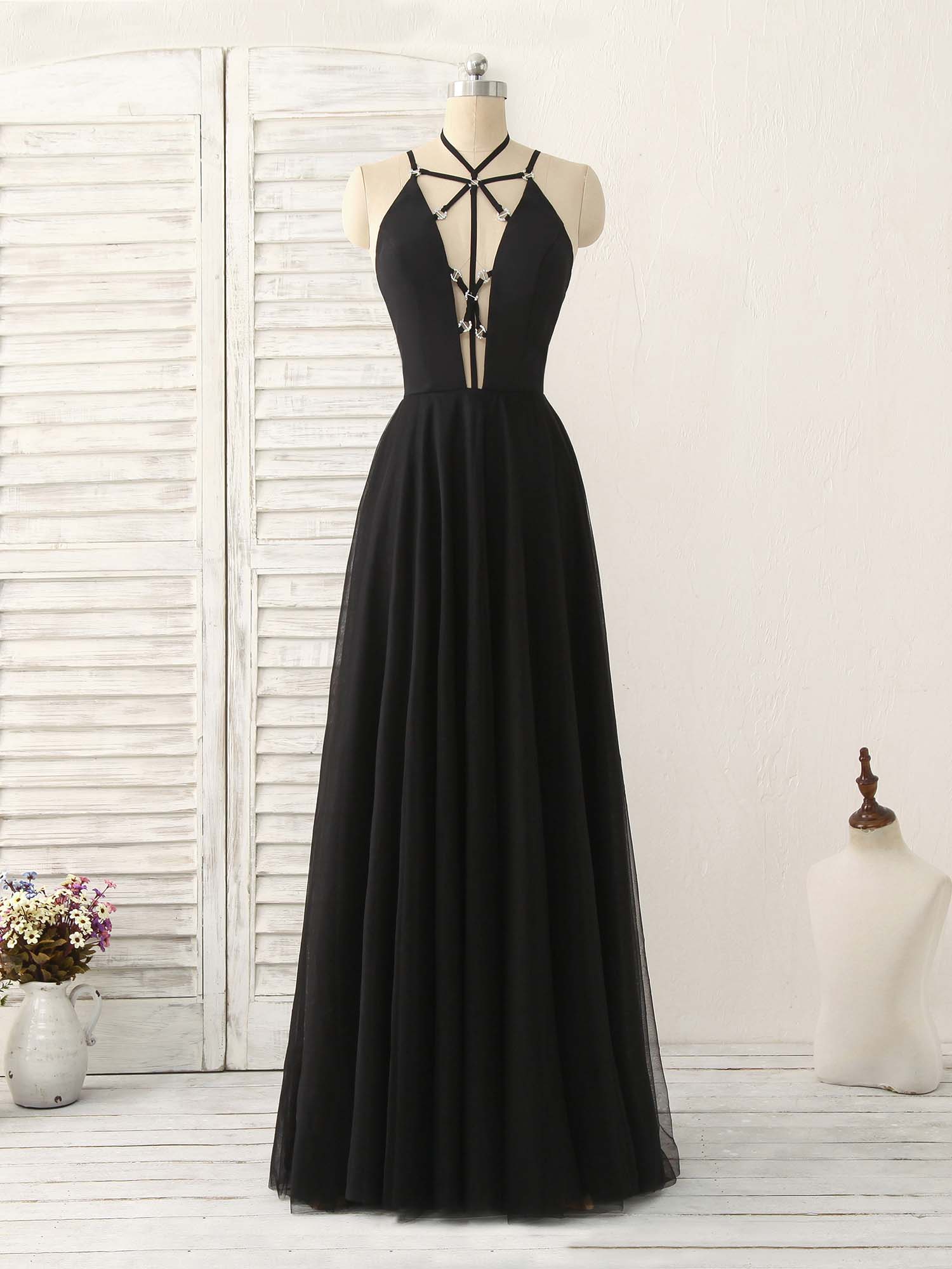 Black Tulle Backless Long Prom Dress, Black Evening Dress - Deanwangkt