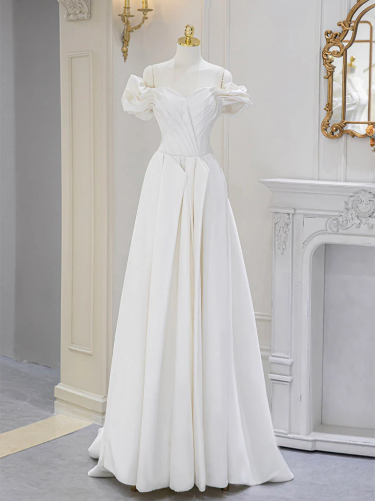 A-Line Off Shoulder Satin ivory Long Prom Dress, Ivory  Long Bridesmaid Dress - Deanwangkt