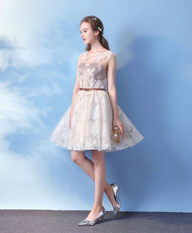 Cute Round Neck Champagne Lace Short Prom Dress, Lace Evening Dress - Deanwangkt
