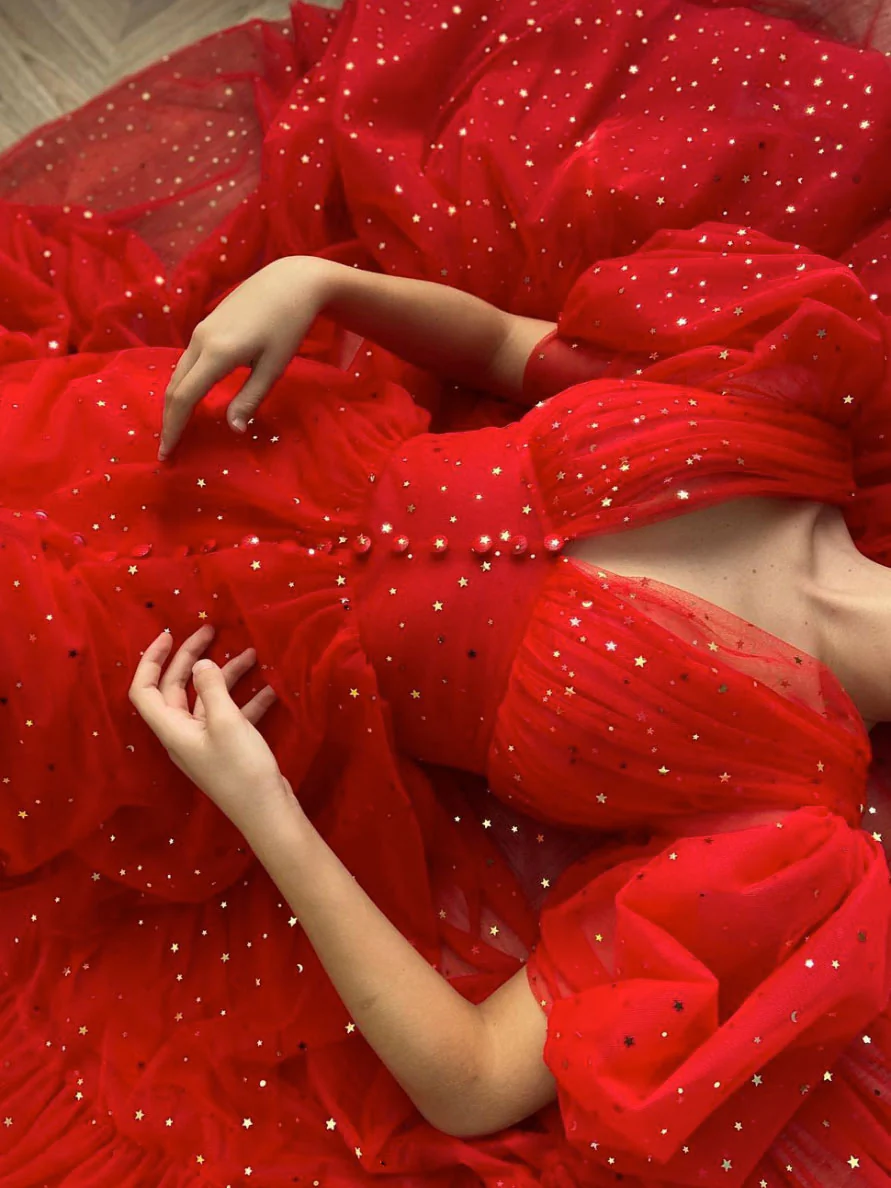 Red V Neck Tulle Tea Length Prom Dress, Red Evening Dress - Deanwangkt