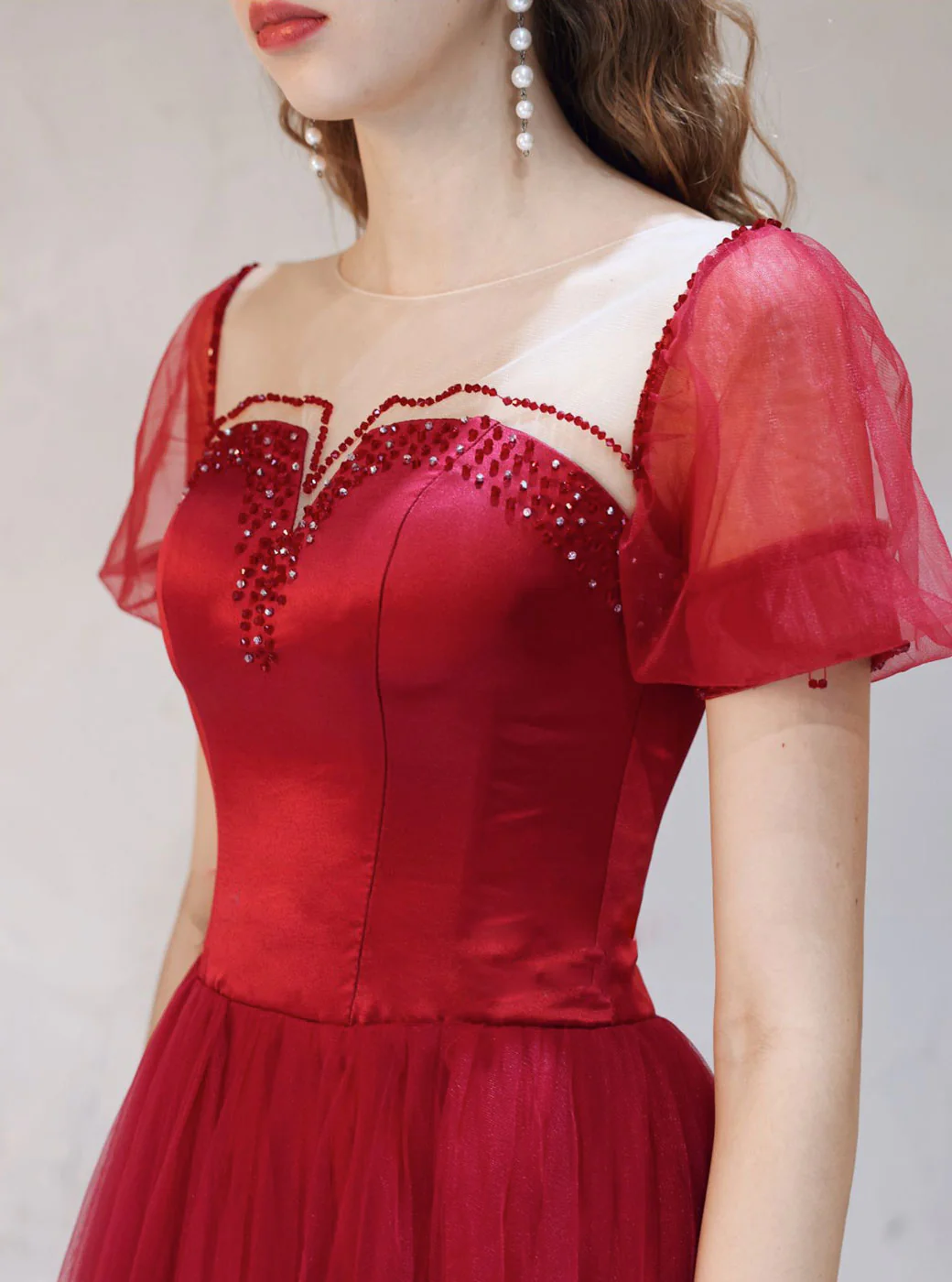 A-Line Burgundy Long Prom Dresses, Tulle Burgundy Evening Dresses with Beading - Deanwangkt