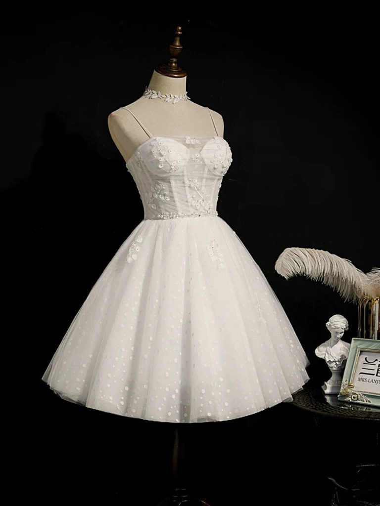 White Sweetheart Neck Tulle Lace Short Prom Dress, White Homecoming Dress - Deanwangkt
