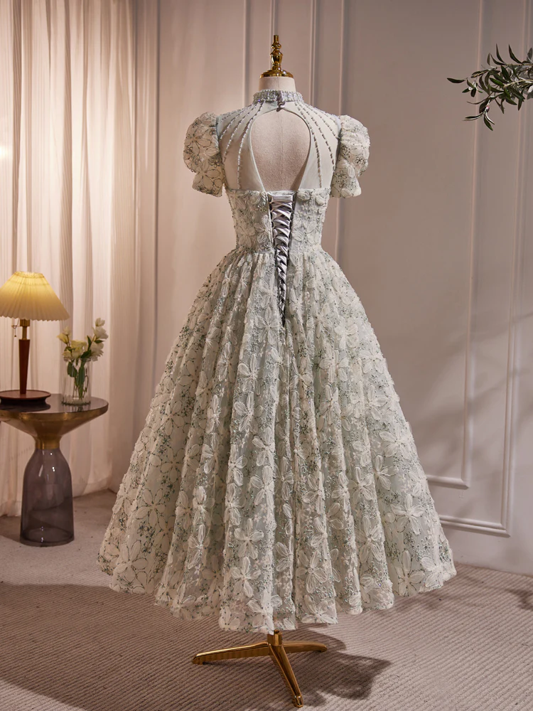 Unique Hight Neck Tulle Lace Tea Length Prom Dress, Light Green Formal Dress - Deanwangkt