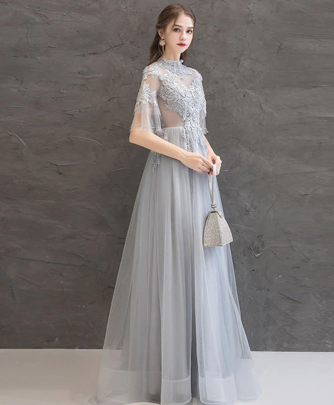 Gray Lace Tulle Long Prom Dress Gray Tulle Lace Formal Dress - Deanwangkt