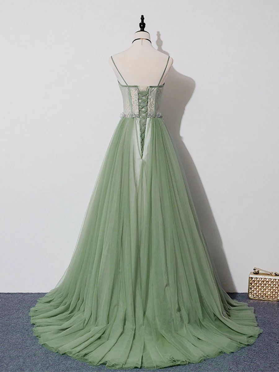 Green Tulle Lace Long Prom Dress, Green Tulle Long Formal Graduation Dress - Deanwangkt