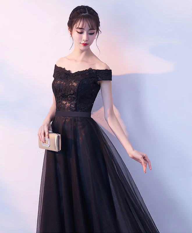 Black Lace Tulle Long Prom Dress, Lace Evening Dress - Deanwangkt