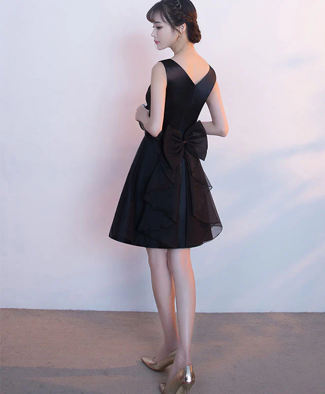 Cute Black V Neck Short Prom Dress With Bow, Homecoming Dress - Deanwangkt