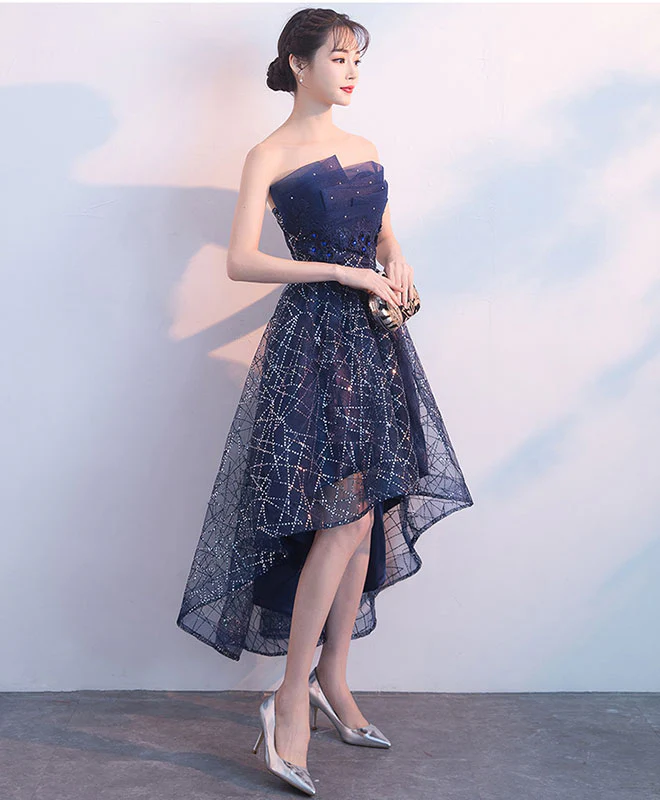 Dark Blue Tulle Sequin High Low Prom Dress, Blue Evening Dress - Deanwangkt
