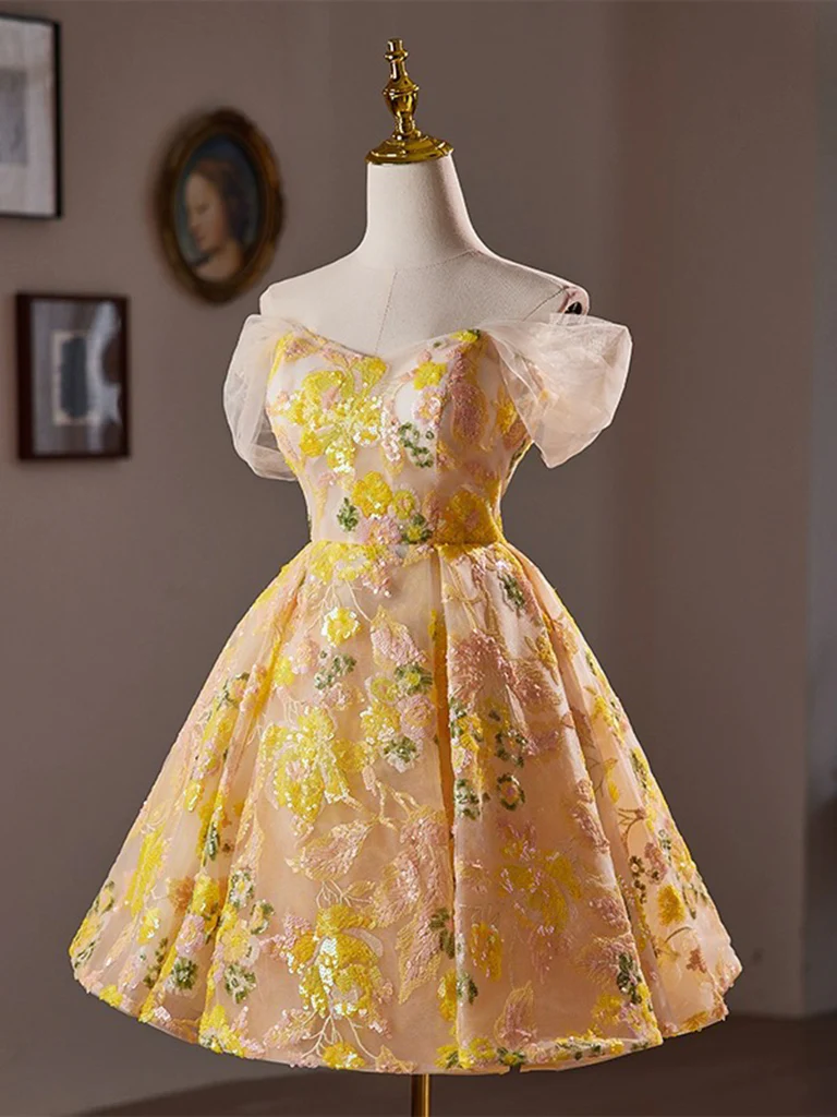 A-Line Off Shoulder Tulle Lace Short Yellow Prom Dress, Yellow Homecoming Dress - Deanwangkt