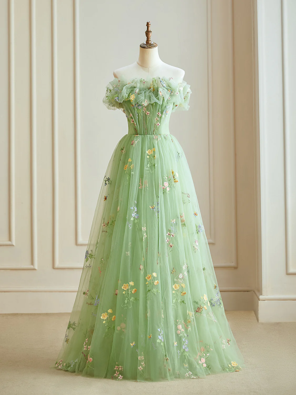A-Line Off Shoulder Tulle Lace Green Long Prom Dress, Green Lace Long Formal Dress - Deanwangkt