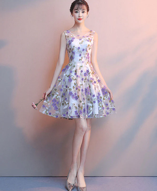 Cute Tulle Purple Flower Short Prom Dress Tulle Homecoming Dress - Deanwangkt