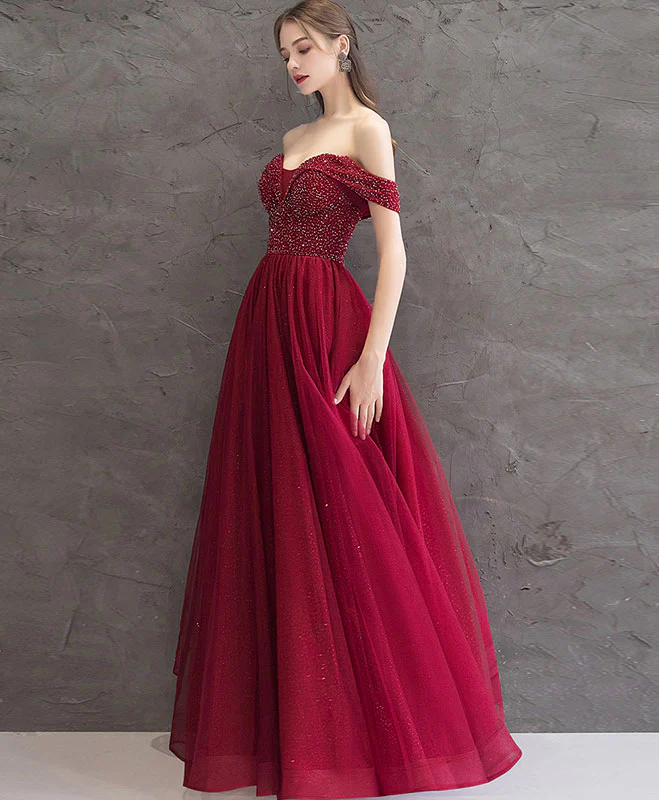Burgundy Tulle Off Shoulder Long Prom Dress Burgundy Evening Dress - Deanwangkt