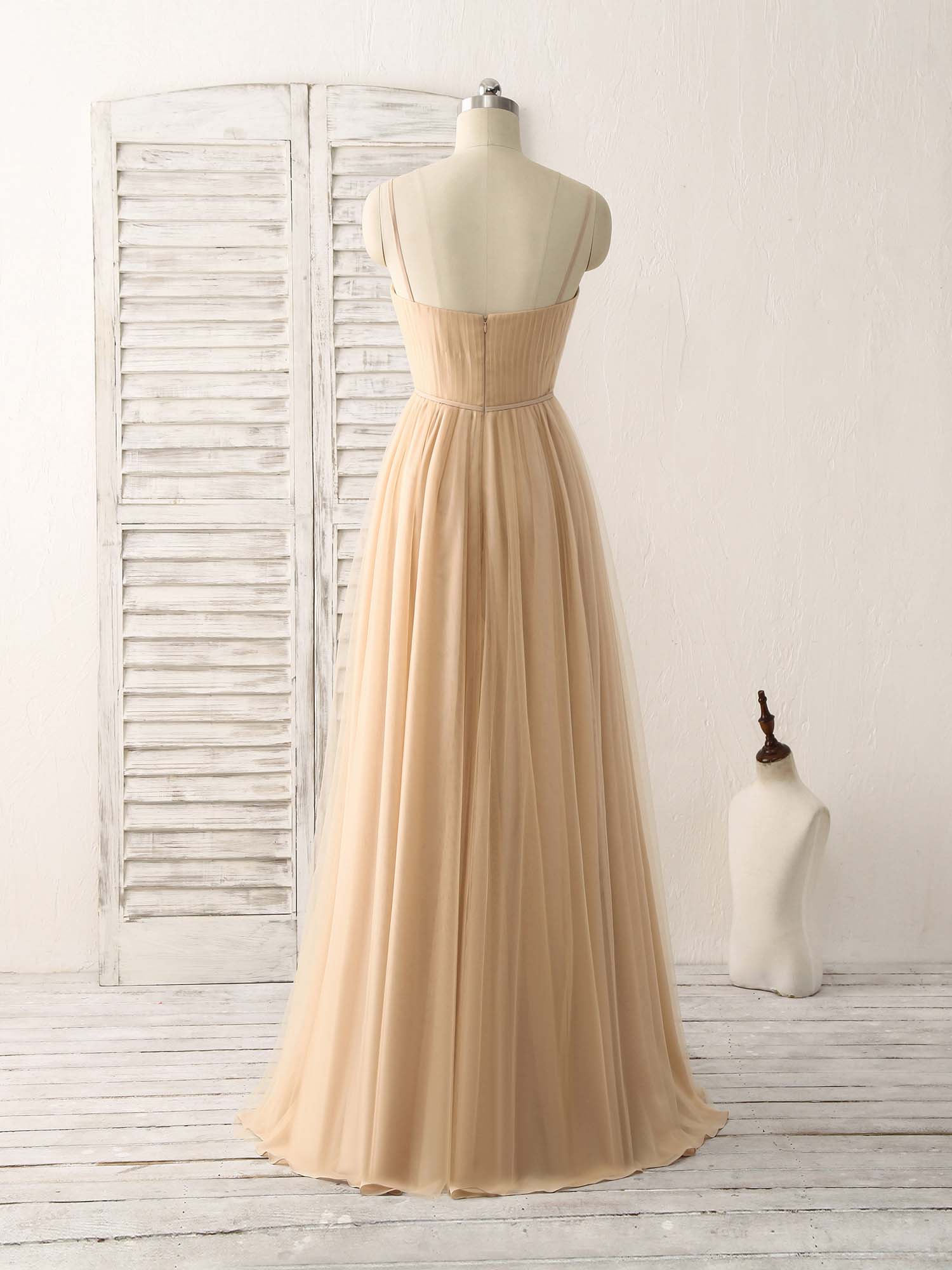 Simple V Neck Tulle Chiffon Long Prom Dress Champagne Bridesmaid Dress - Deanwangkt
