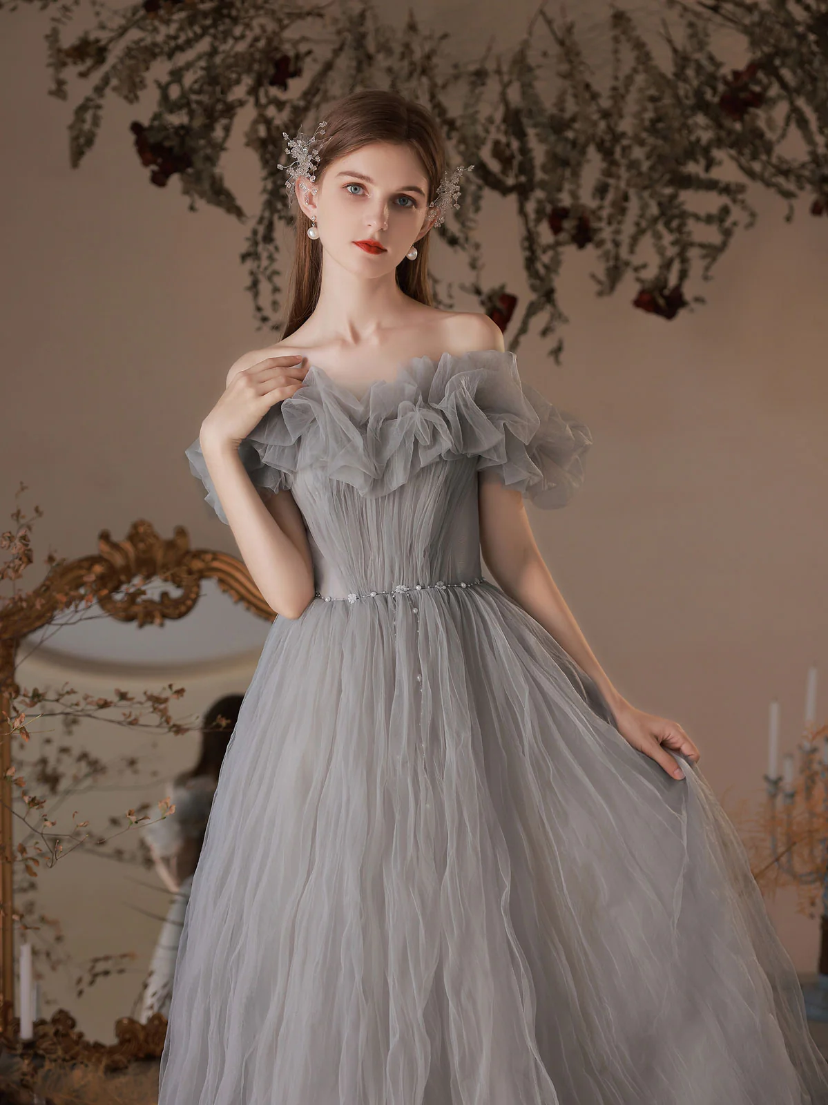 Gray Tulle Off Shoulder Long Prom Dress, Gray Tulle Formal Dress - Deanwangkt