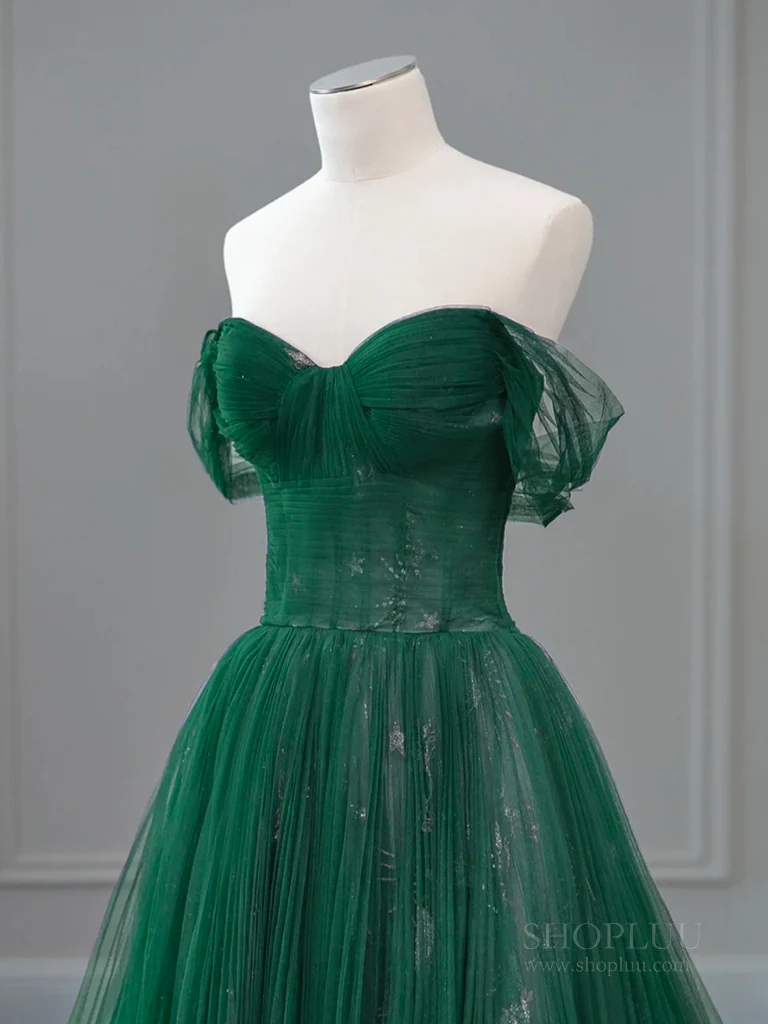 A-Line Off Shoulder Tulle Lace Green Long Prom Dress, Green Long Evening Dress - Deanwangkt