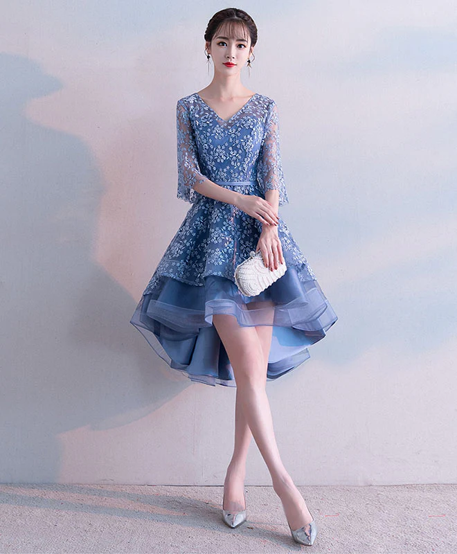 Blue V Neck Lace Short Prom Dress, Blue Lace Homecoming Dress - Deanwangkt