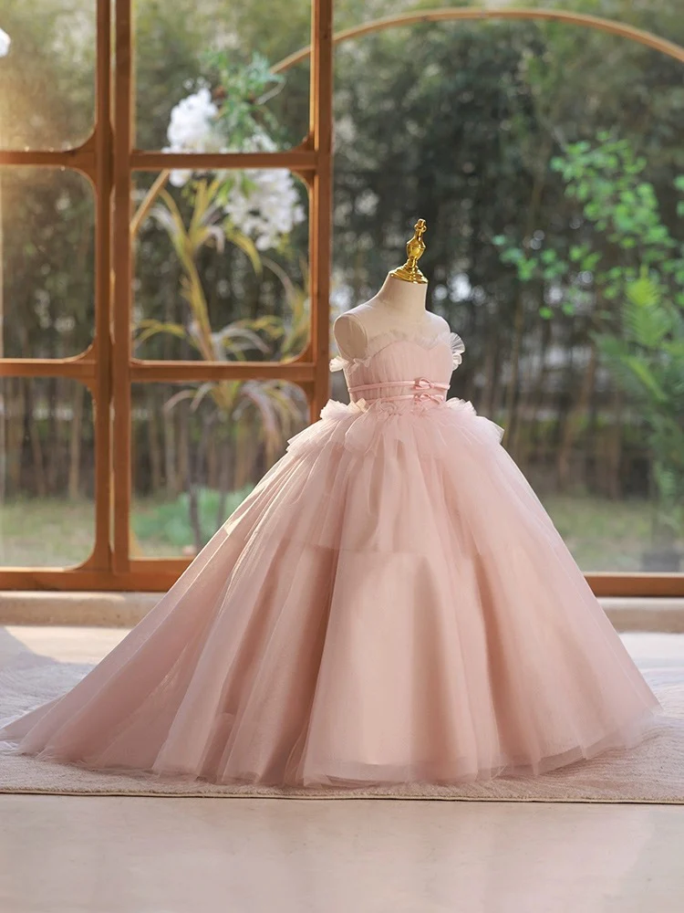 A-Line Pink Tulle Long Flower Girl Dress - Deanwangkt