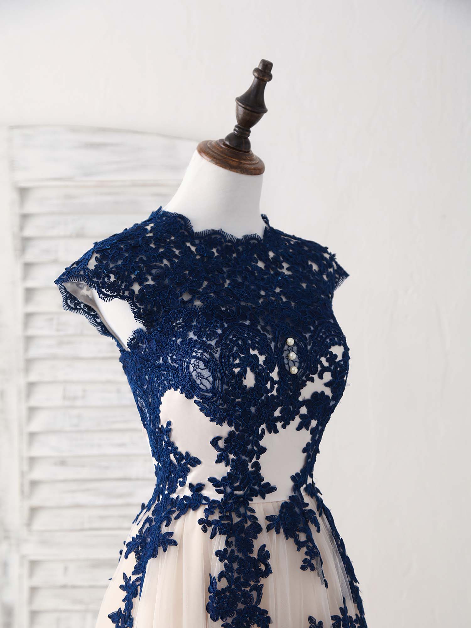 Dark Blue Lace Tulle High Low Prom Dress Blue Bridesmaid Dress - Deanwangkt